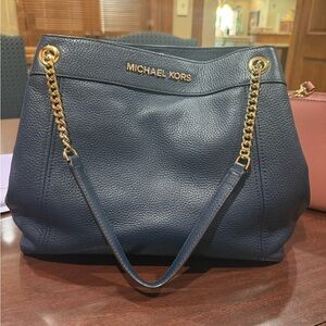 Michael Kors Dark Blue Shoulder Bag with Gold Accents